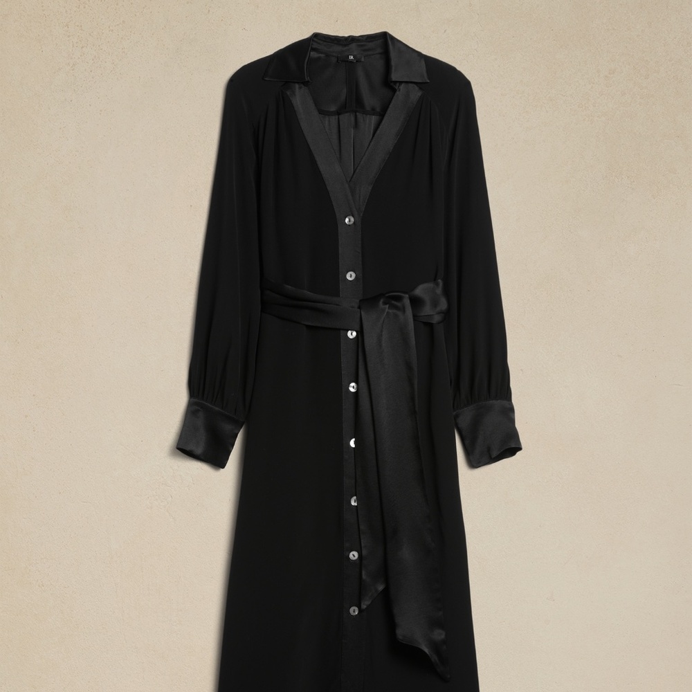 Classic! BANANA REPUBLIC Crepe/Satin Shirtdress, Black, Size Medium - Picture 7 of 7